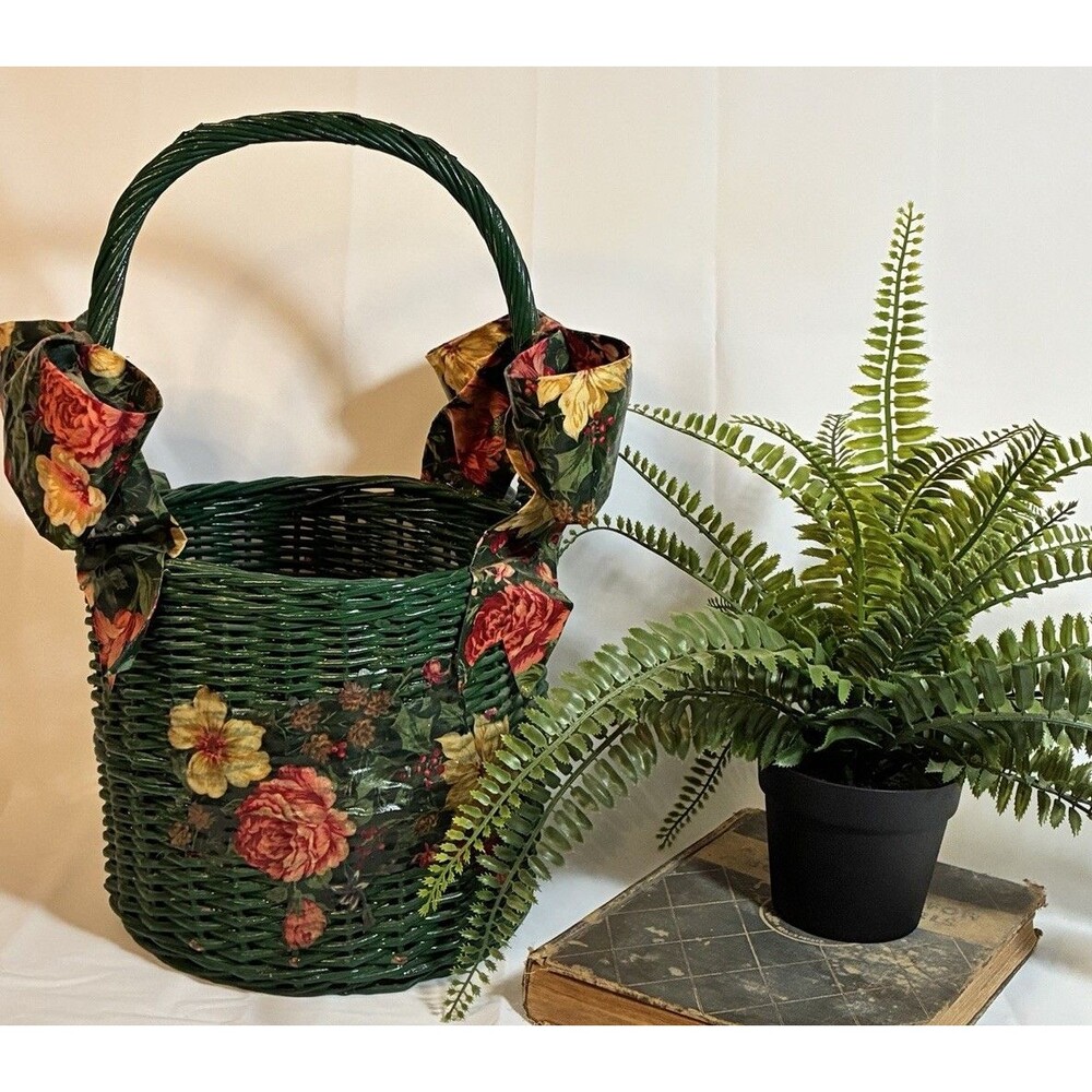 Hand Painted Green Wicker Basket Floral Decoupage Cottagecore Garden Decor 16”